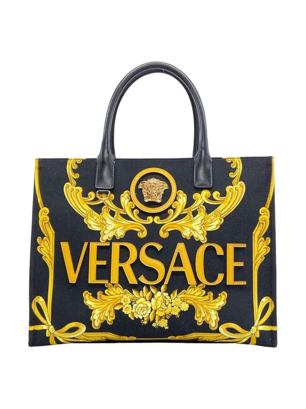 Versace Tote Bag la Medusa Large Black Yellow Gold Cotton Leather
